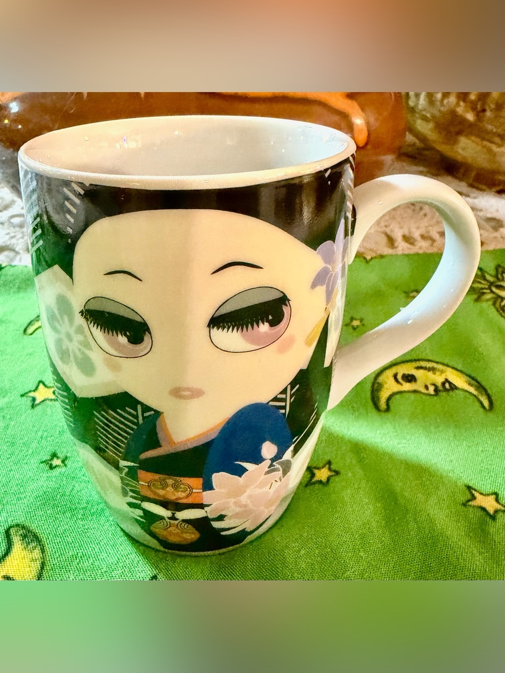 Vintage Kokeshi Girl Kamon Mug - Kawaii Japanese Coffee or Tea Cup